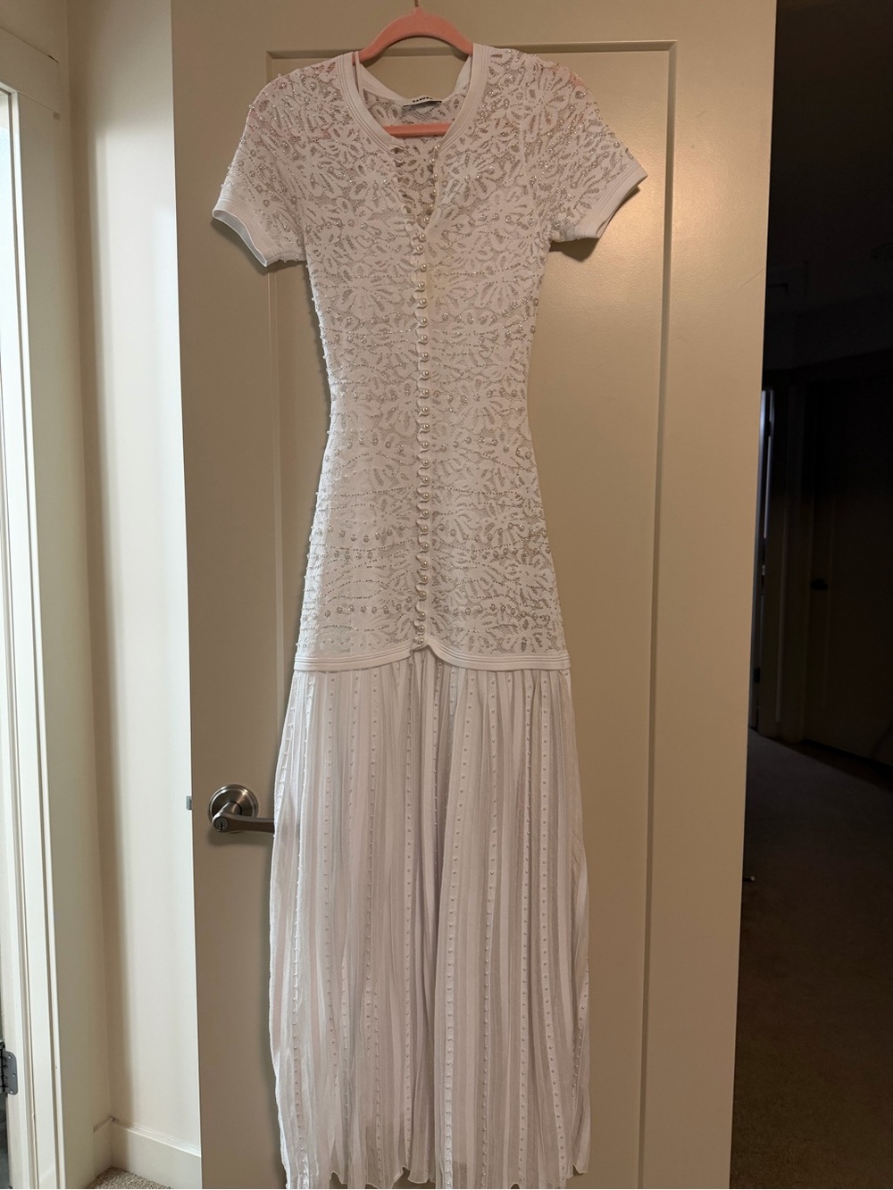 Sandro White Lace and Pleated Maxi Dress